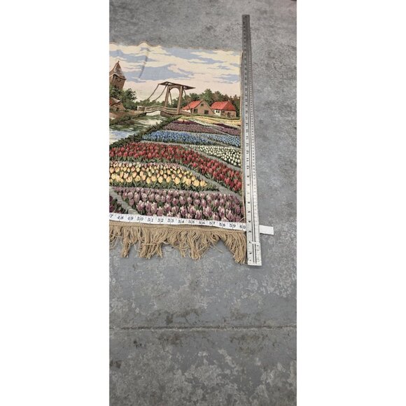 Vintage Cotton Tapestry depicting Dutch Scene with Tulips and Windmills 60x30in. - Picture 5 of 7